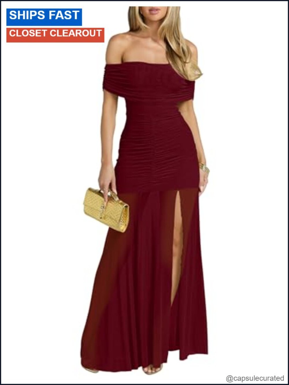Off Shoulder Sleeveless Ruched High Slit Maxi Formal Dress Polyester Spandex
